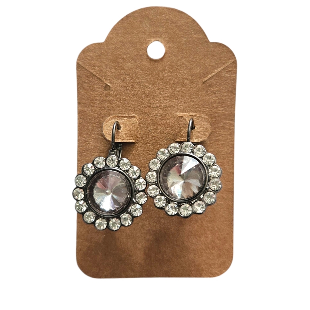 Formal Gunmetal Gray Rhinestone‎ Sunburst Flower Circle Earrings